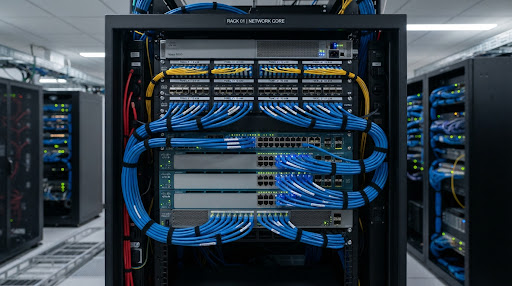 Cableado de fibra óptica y switches de red empresarial