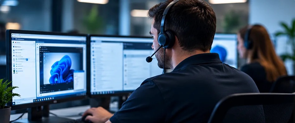 Equipo de soporte técnico TI atendiendo a clientes en directo
